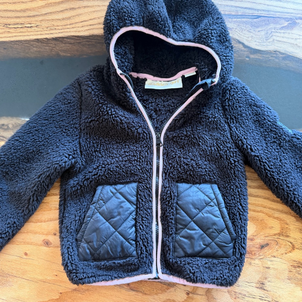 Madden Girl Black Sherpa Hooded Jacket with Quilted Pockets